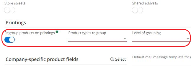 1.4. In order to activate the Regroup products on printings option, open Application config → Apps management → Base, configure → in the Configuration tab, in Printings section, activate the option Regroup products on Printings. Then, define Product types to group and Level of grouping.